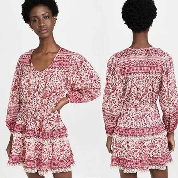Alicia Bell Dresses & Skirts - Alicia Bell Floral Beaded Tassel Tie VNeck Ruffle Ari Mini Dress Red Pink EUC